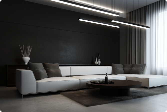white sofa against a background of a black wall with molded white lighting