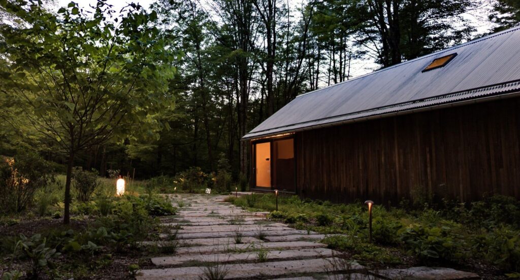 white sofa against a background of a black wall with molded white lighting